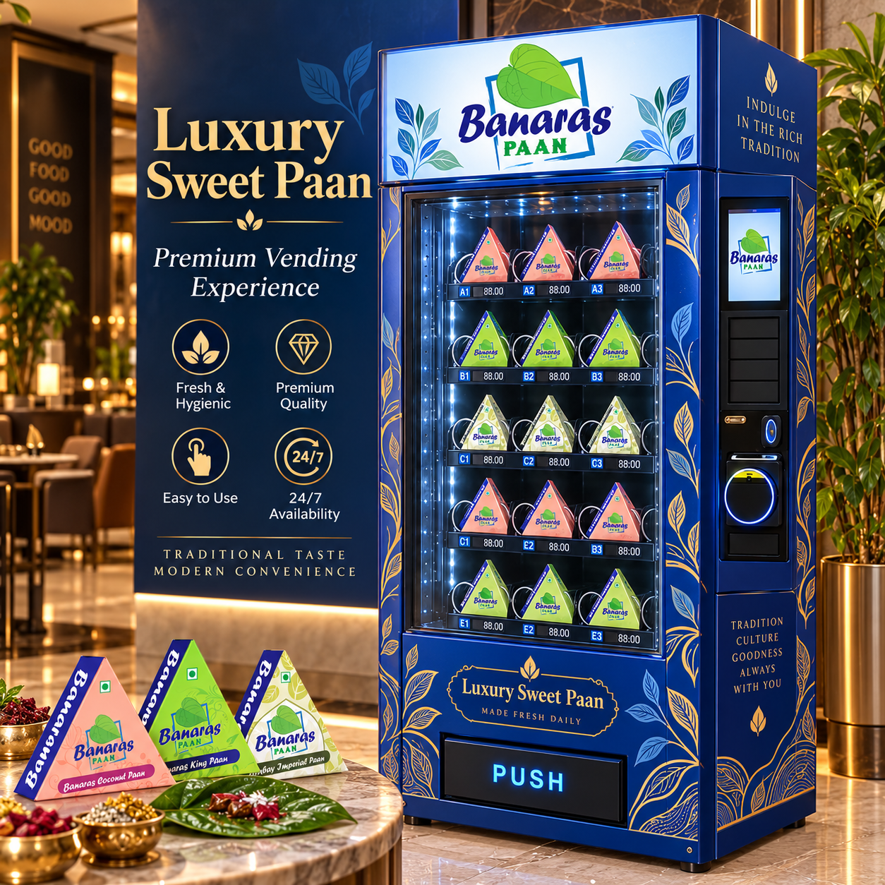 Blue Banaras Paan vending machine stocked with triangular sweet paan boxes